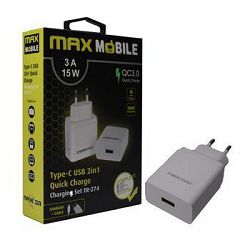 Kućni punjač MAXMOBILE TR-274 QC 3.0, USB + USB-C, 3A, bijeli TR-274 QC