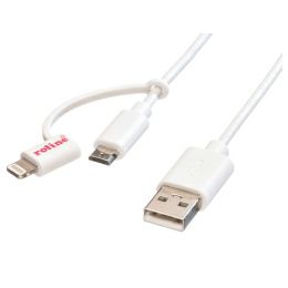 Roline USB2.0 kabel za punjenje i prijenos podataka TIP A(M) na Micro B(M) + Lightning(M),1.0m, bijeli