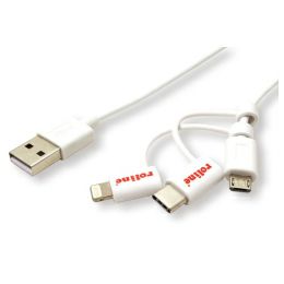 Roline USB2.0 kabel za punjenje i prijenos podataka, 8pin + MicroB + Type-C, 1.0m, bijeli