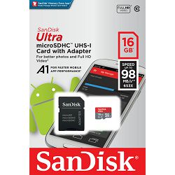 Memorijska kartica SANDISK, Micro SDHC Ultra Android, 16GB, SDSQUAR-016G-GN6MA, class 10 UHS-I + SD Adapter + Memory Zone Android App SDSQUAR-016G-GN6MA