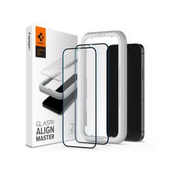 Spigen Glas tR ALM FC Black, zaštitno staklo za ekran telefona, 2 kom + okvir za instalaciju - iPhone 12 Pro Max