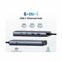 UGREEN 6-portni USB-C HUB na 1xUSB-A 3.2, 2xUSB-C 3.2, 1xUSB-A 2.0, 1xUSB-C za napajanje, 1x RJ45 konektor, sivi