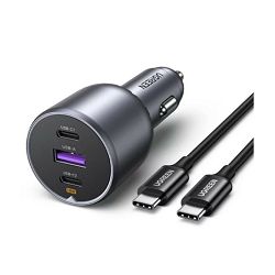 UGREEN auto punjač, 130W, 2x USB-C, USB-A, PD, sivi
