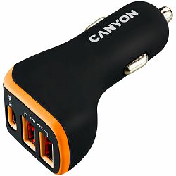 CANYON C-08, Universal 3xUSB car adapter, Input 12V-24V, Output DC USB-A 5V/2.4A(Max) + Type-C PD 18W, with Smart IC, Black+Orange with rubber coating, 71*39*26.2mm, 0.028kg