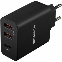 CANYON H-08, Universal 3xUSB AC charger (in wall) with over-voltage protection(1 USB-C with PD Quick Charger), Input 100V-240V, Output USB-A/5V-2.4A+USB-C/PD30W, with Smart IC, Black Glossy Color+oran