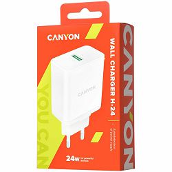 Canyon, Wall charger with 1*USB, QC3.0 24W, Input: 100V-240V, Output: DC 5V/3A,9V/2.67A,12V/2A, Eu plug, Over-load,  over-heated, over-current and short circuit protection, CE, RoHS ,ERP. Size:89*46*2