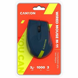 CANYON Wired Optical Mouse with 3 keys, DPI 1000 With 1.5M USB cable,Blue-Yellow,size 68*110*38mm,weight:0.072kg