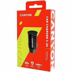 Canyon C-20, PD 20W Pocket size car charger, input: DC12V-24V, output: PD20W, support iPhone12 PD fast charging, Compliant with CE RoHs , Size: 50.6*23.4*23.4, 18g, Black