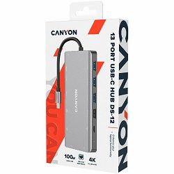 CANYON DS-12, 13 in 1 USB C hub, with 2*HDMI, 3*USB3.0: support max. 5Gbps, 1*USB2.0: support max. 480Mbps, 1*PD: support max 100W PD, 1*VGA,1* Type C data, 1*Glgabit Ethernet, 1*3.5mm audio jack, cab