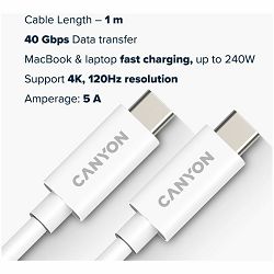 CANYON cable UC-44 USB-C to USB-C 240W 40Gbps 4k 1m White