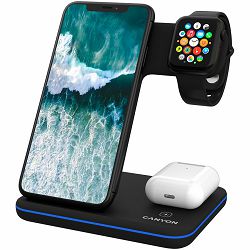 CANYON WS-303, 3in1 Wireless charger, with touch button for Running water light, Input 9V/2A, 12V/2A, Output 15W/10W/7.5W/5W, Type c to USB-A cable length 1.2m, 137*103*140mm, 0.195Kg, Black