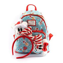 LOUNGEFLY DISNEY MINNIE MICKEY SNOWMAN AOP MINI BACKPACK HEADBAND SET - 671803382732