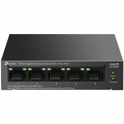 TP-Link LS105GP 5-Port Gigabit Desktop Switch with  4-Port PoE+, 4x Gigabit PoE+ Ports, 1x Gigabit Non-PoE Port, 802.3af/at, 65 W PoE Power, Desktop Steel Case, Extend Mode for 250m PoE Transmitting, 