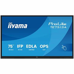 Iiyama Prolite TE7513A-B2AG 75UHD VA 3840x2160 400cd 1200:1 8ms Android 1, 8/128GB, 40-Points, VGA, HDMI 2x HDMI-out 2x USB-C, Audio mini-jack and Optical Out (S/PDIF), USB Touch Interface,  Landsca