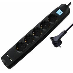 Transmedia 5-way power strip with 2x USB, black, 3m