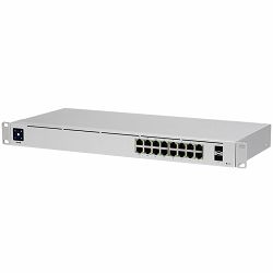Ubiquiti USW-16-PoE 16-port Layer 2 PoE switch, 8 x GbE PoE+, 8 x GbE ports, 2 x 1G SFP ports, 42W total PoE Power, fanless, silent cooling, ESD/EMP protection, 1.3" touchscreen LCM display, Rackmount