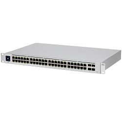 Ubiquiti USW-48-PoE, Layer 2 PoE switch, 32 x GbE PoE+, 16 x GbE ports, 4 x 1G SFP ports, 195W total PoE Power, Fanless, silent cooling, ESD/EMP protection, 1.3" touchscreen LCM display, Rackmount (Ki