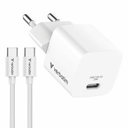 Verbatim Mini GaN punjač 20W PD3.0  s kabelom USB-C / C, M/M, 1.0m , bijeli