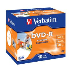 DVD-R Verbatim 4.7GB 16× Wide Inkjet PRINTABLE (ID Brand) 10 pack JC