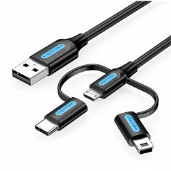 Vention USB 2.0 A Male to 3-in-1 Micro-B USB-C Mini-B Male Cable 0,5m, Black
