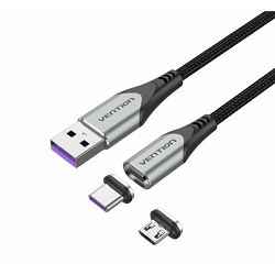 Vention USB 2.0 A Male to 2-in-1 Micro-B USB-C Male 5A Magnetic Cable 2m, Gray