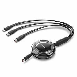 Vention 3-in-1 USB 2.0 Type-C Male to USB-C Male USB-C Male Lightning Male 5A Retractable Cable 1.1M Black