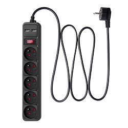 Akyga Power Strip & Surge Protector AK-SP-05U 5 Sockets CEE 7/5 (Type E) 2x USB-A, built-in 10 A / 250 V automatic fuse, built-in ON/OFF switch. 1.8 m