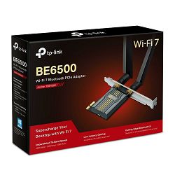 ARCHER TBE400E, 6500 Tri Band Wi-Fi 7 Bluetooth PCI Express Adapter, 2880 Mbps at 6 GHz, 2880 Mbps at 5 GHz, 688 Mbps at 2.4 GHz, 2 High Gain Tri Band Ext Antennas, MLO, Multi-RU, MU-MIMO, OFDMA, WPA3