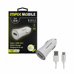 Auto punjač MAXMOBILE, SC-106 QC 3.0,Quick Charge 3A, bijeli + USB-C kabel 3858892516263