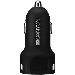 CANYON C-04, Universal 2xUSB car adapter, Input 12V-24V, Output 5V-2.4A, with Smart IC, black rubber coating with silver electroplated ring, 59.5*28.7*28.7mm, 0.019kg