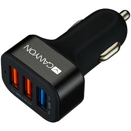 CANYON C-07 Universal 3xUSB car adapter(1 USB with Quick Charger QC3.0), Input 12-24V, Output USB/5V-2.1A+QC3.0/5V-2.4A&9V-2A&12V-1.5A, with Smart IC, black rubber coating+black metal ring+QC3.0 port 