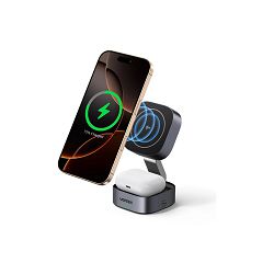 UGREEN 2in1 Qi2 Magnetic Foldable punjač, 15W, za Iphone 12-16, AirPods 3/2/Pro, sivi